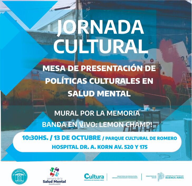Mañana 13/10
10:30hs en <a href="/HospitalKorn/">Hospital Dr. Alejandro Korn</a>
#Romero #LaPlata

1era Jornada Cultural de la Comisión Provincial Interministerial de Salud Mental y Consumos Problemáticos <a href="/BAProvincia/">Gobierno PBA</a>

>Presentación de políticas culturales para la salud mental

>Mural por la Memoria

>Show <a href="/Lemon_Champ/">LemonChamp!</a>
👇🏼