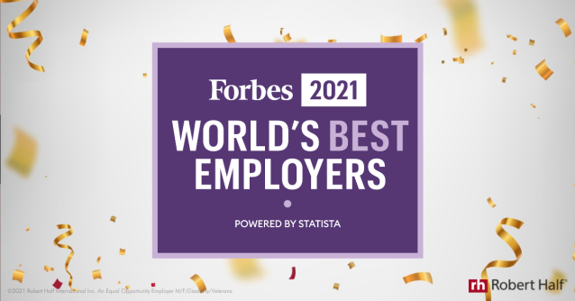 Searcysteph's tweet photo. We're honored to be recognized by @Forbes as one of the #WorldsBestEmployers of 2021, based on a survey of 150,000 workers in 58 countries. Find out why workers across the globe are recommending @roberthalf: https://t.co/2Z6CNiSxdP https://t.co/tcrUlJTifs