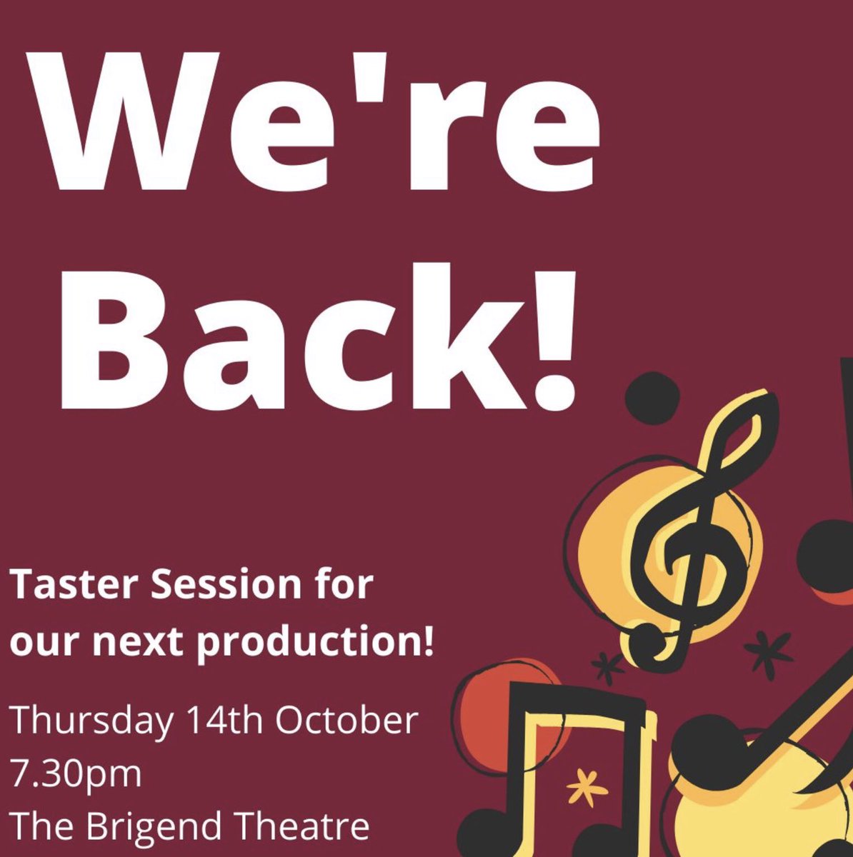 Next year we will be performing a Centenary Extravaganza to celebrate 100 years of DMOS/DMTC!

Join us for a taster session this Thurs. 14th at 7.30pm at The Brigend Theatre! 🎭

If you're keen to participate but unable to make the taster session, please just send us a message!🤩