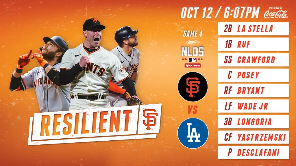 SFGiants on X: Game 4️⃣ lineup is in #BeatLA #ResilientSF, #OrangeOctober