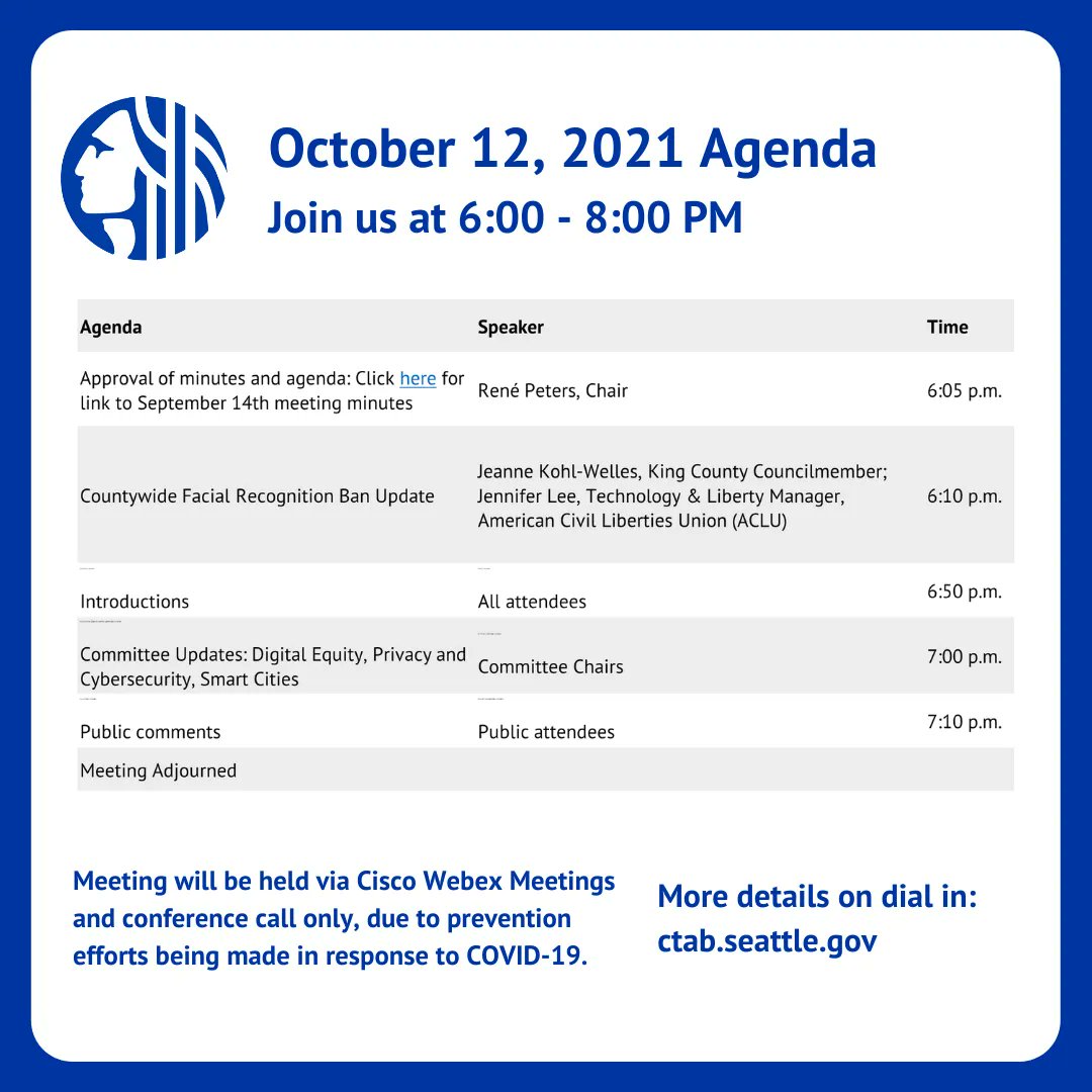 SeaTechBoard's tweet image. Please join our monthly CTAB meeting today Tuesday, 10/12 from 6-8pm PST. We have a packed agenda and will be talking about the countywide facial recognition ban. More details to join and see our full agenda at: ctab.seattle.gov

We hope to see you there!

#CTAB #CTAB2021