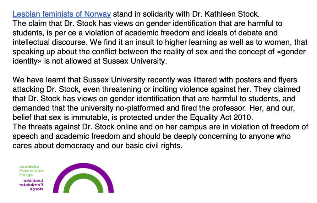 Lesbian feminists of Norway stand in solidarity with Dr. Kathleen Stock @WhrcN @LGBAlliance_USA @Sappfo_ @TonjeGjevjon @kvinnefronten @KvinnegrOttar @UiB @uiagder @UniStavanger #kathleenstock @Aftenposten  @nrknyheter