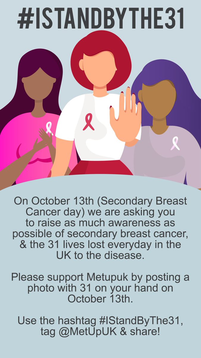 Twitter friends - can I ask a favour? Tomorrow is officially #secondarybreastcancerday Please support us by posting a photo of yourself with 31 on your palm in recognition of the 31 women dying each day in the UK. Use the hashtag #istandbythe31 and tag @METUPUKorg Please RT!