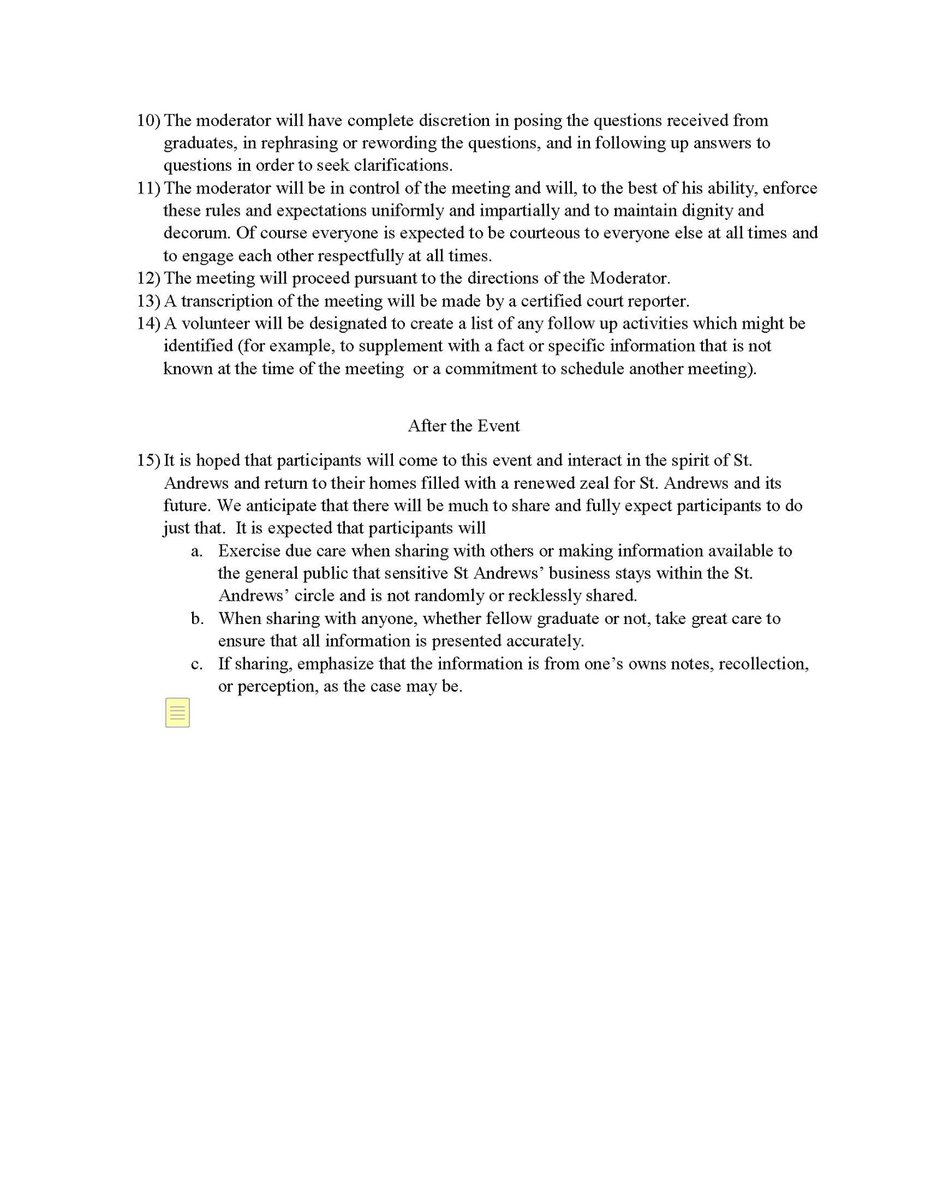 Small nonprofit St Andrews U got my attention, and later Congress's, when it appeared for-profit college owner Art Keiser has gained control there. Now the school president is holding an alum meeting to clear the air. But it's in-person only, and the endless rules show his fear.