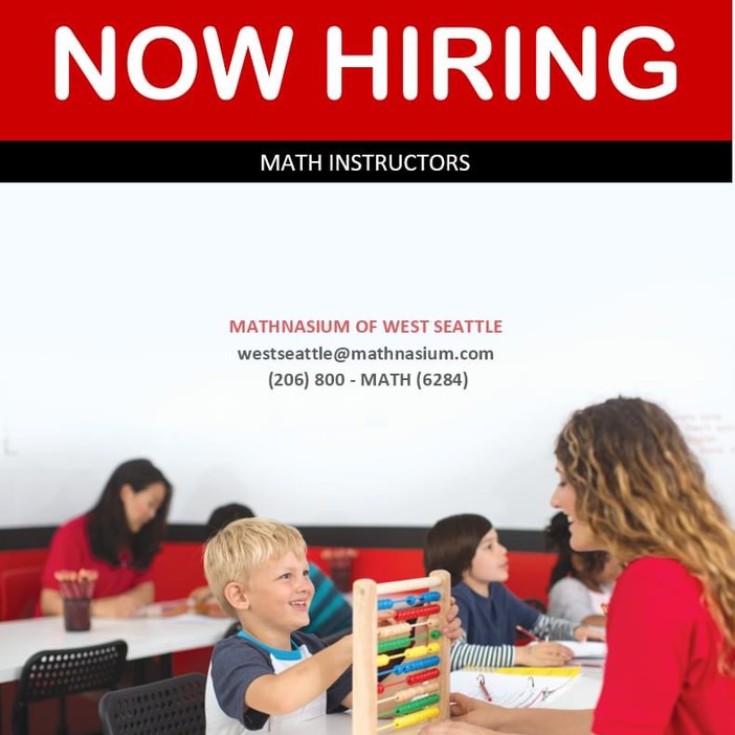 MathWestSeattle's tweet photo. Mathnasium of West Seattle is looking for math instructors!  We pay a competitive wage and we have a positive, welcoming atmosphere in the center. Please reach out to us if you're intrigued about a cool new job opportunity. https://t.co/Q9MsnLld6R