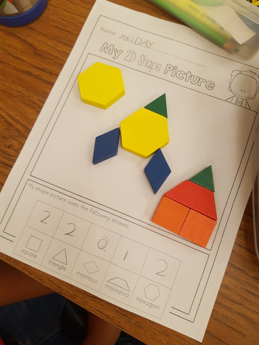 We had some fun making pictures with 2D shapes today. Ask your child what he/she made.