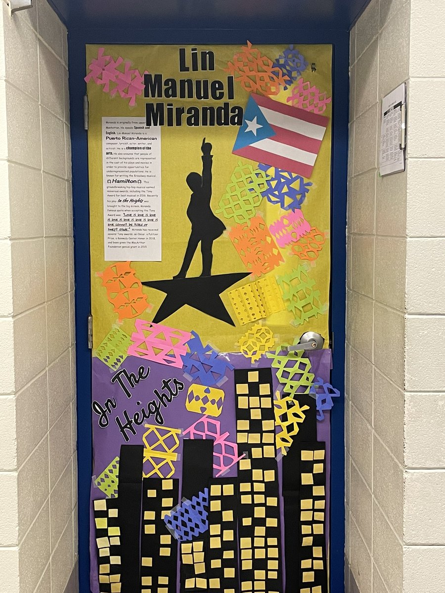 robertse10's tweet photo. My students shout out to Lin Manuel Miranda for our Hispanic Heritage Month door decorating contest! @Lin_Manuel https://t.co/F0J042aV1E