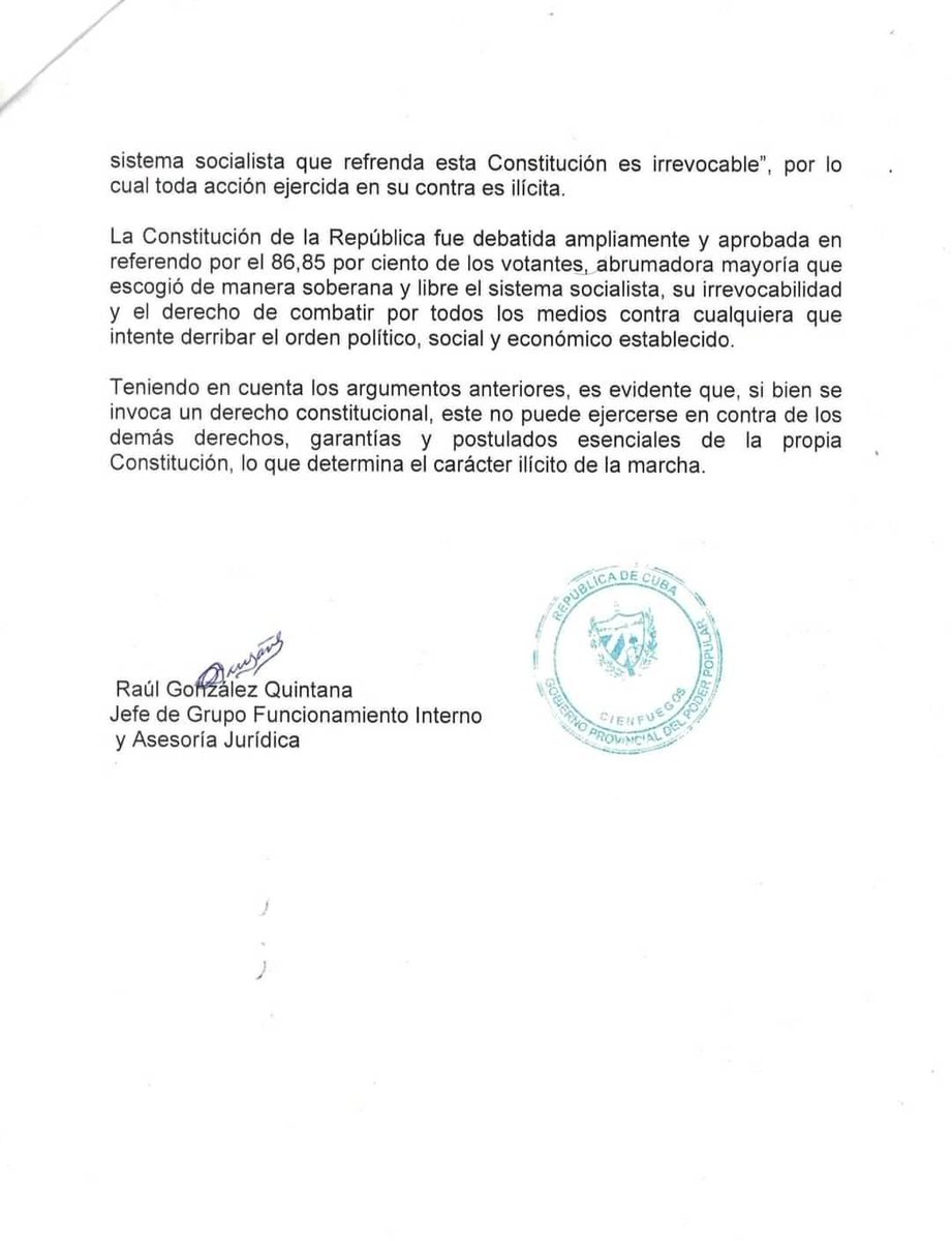 Respuesta del Gobierno de #Cienfuegos a la solicitud de la marcha-manifestación organizada en fechas próximas en esta ciudad como en casi toda #Cuba #CubaLibreYSoberana