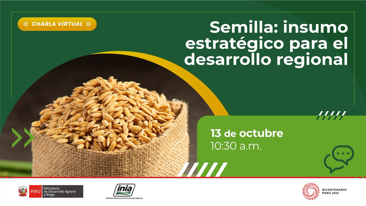 INIAPeru's tweet image. 📣 [Atención]
📅 Este 13 de #Octubre, te invitamos a participar de la charla virtual "Semilla: insumo estratégico para el desarrollo regional”.
Link de inscripción ➡ forms.gle/yBHvZXqKcsRgCZ…
▶ Mira la charla aquí ➡ youtu.be/GlsnQsvX0KQ