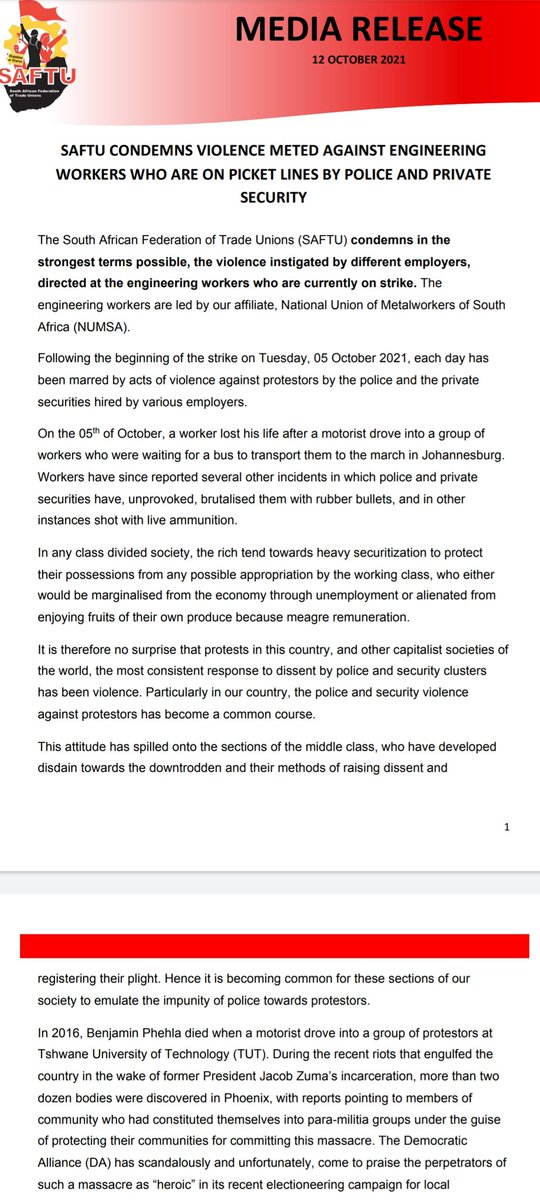 SAFTU_media's tweet image. SAFTU  CONDEMNS VIOLENCE METED AGAINST ENGINEERING WORKERS WHO ARE ON PICKET LINES BY POLICE AND PRIVATE  SECURITY
#engineeringstrike