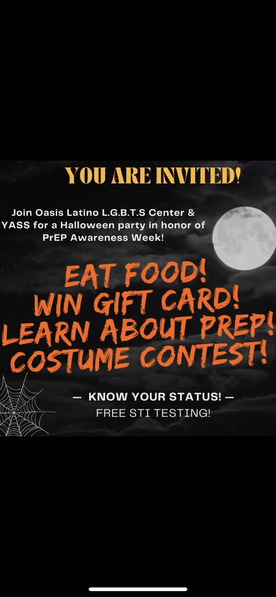 yass_program's tweet photo. Come out for a good time during PrEP Awareness week Thursday 10/28. Get tested, learn more about HIV prevention medication. Costume contest, gift cards give away #knowyourstatus #prepawareness #pep #safersex #lgbtqai #teensofnyc https://t.co/vYVKaOGjSH
