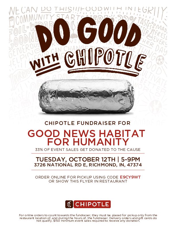 Our Chipotle Fundraiser is Tonight!! 😋🌯 Make sure you show up between 5-9pm, and you must use our code at checkout: E9CY9WT (or show them our flyer). Proceeds benefit low-income homeowners in our community!