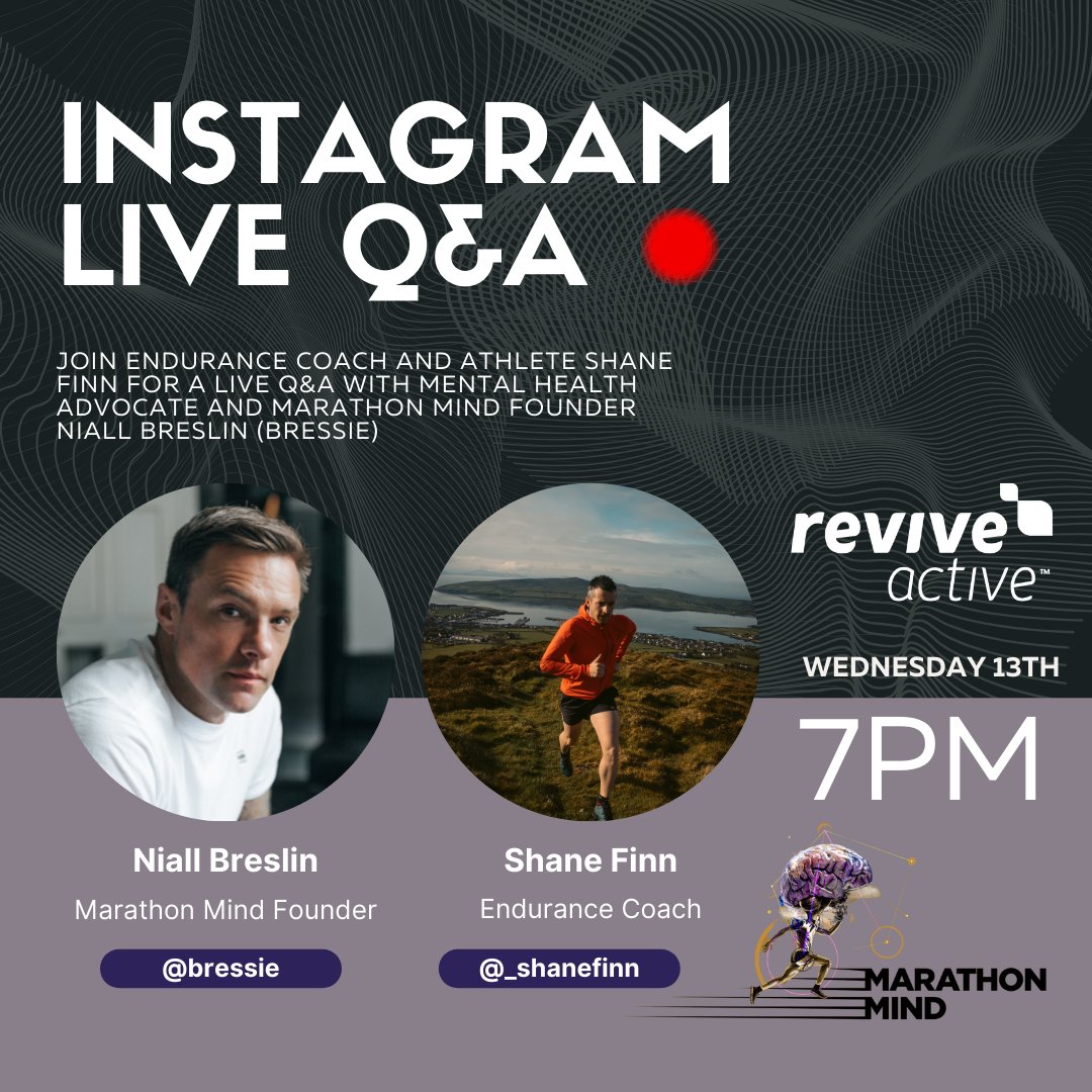 ReviveActive's tweet photo. Join @_shanefinn and @nbrez over on our Instagram channel (@reviveactive) tomorrow night at 7pm for a live takeover to discuss all things Marathon Mind and how to truly prepare yourself for such an event.๐ง
#marathonmind #marathontraining #endurancetraining https://t.co/47X9deLzlW