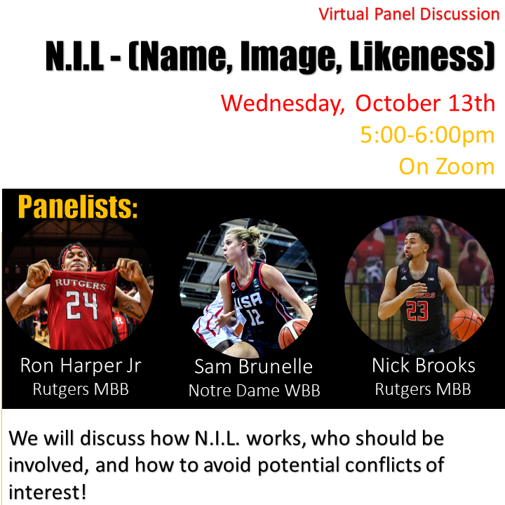 SOUL_Programs's tweet photo. Join us for a conversation on #NIL! 

Name, Image, and Likeness Discussion
Wed., Oct 13
5:00-6:00pm
Visit https://t.co/36lICH7TBB to register!

Our moderator Tom Carter III, 
Panelist: @sambrunelle33, @RHJ, and @nickbrookss

https://t.co/GQs7wagNqj https://t.co/J5E8A555pl