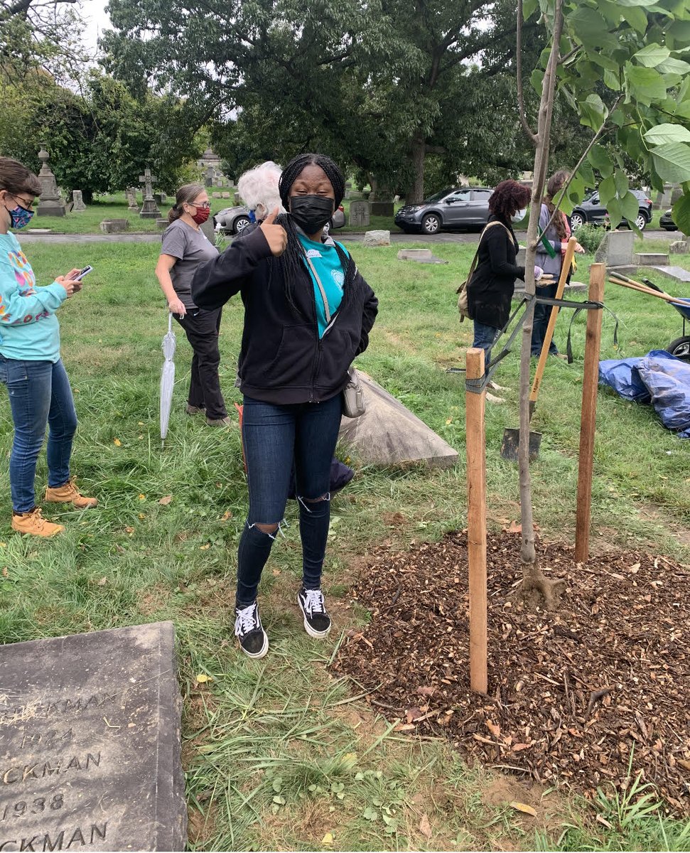 Week one of Bartram’s Garden new Tree Crew internship is complete! Our interns are participating in PHS Tree Tender Training, learning pruning techniques, siting, and how to plant trees! Pictured is one of our seniors, Iyanna, proud to have planted her first tree in perfect form!