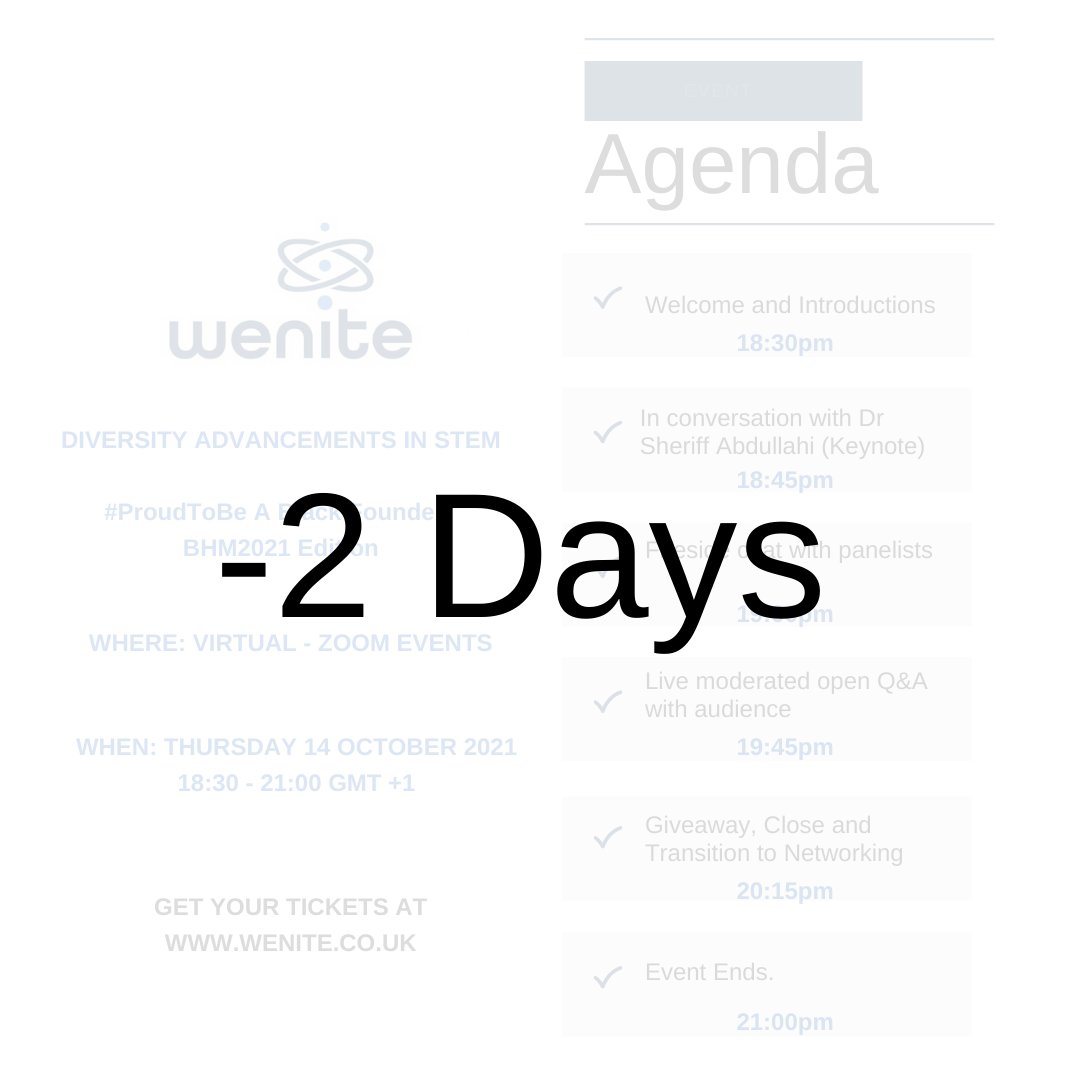 Two Days To Go! 
If you don't know where the two days are going, then head to our website or check out our past posts.

Tickets are available at: wenite.co.uk 

#wenite #blackhistorymonth #bhm2021 #proudtobe #giveaways #networking #careerdevelopment #stem