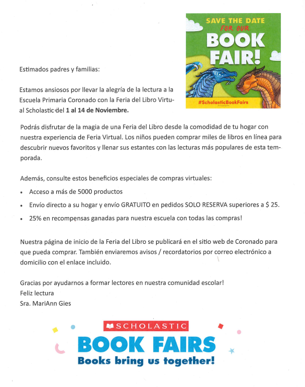 Coronado's Book Fair goes VIRTUAL this year November 1-14th 💻📲

You can shop by clicking a 🔗on the Coronado homepage, and other 🔗 information will be sent home with your students.🎒