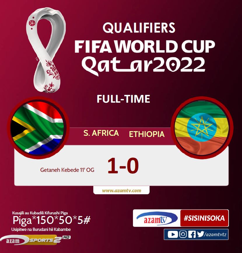 azamtvtz's tweet photo. MATOKEO | #KufuzuKombeLaDunia
FT: South Africa 1-0 Ethiopia.
Inayofuata ni Guinea vs Morocco saa 4:00 usiku LIVE #AzamSports2HD
#WCQ #WorldCup #WrldCupQualifiers #FIFAWCQ #FIFAWC2022 #FIFA #SouthAfrica #Ethiopia #AfrikaKusini #KombeLaDunia #Qatar2022 #Katar https://t.co/68V2lX4eKP