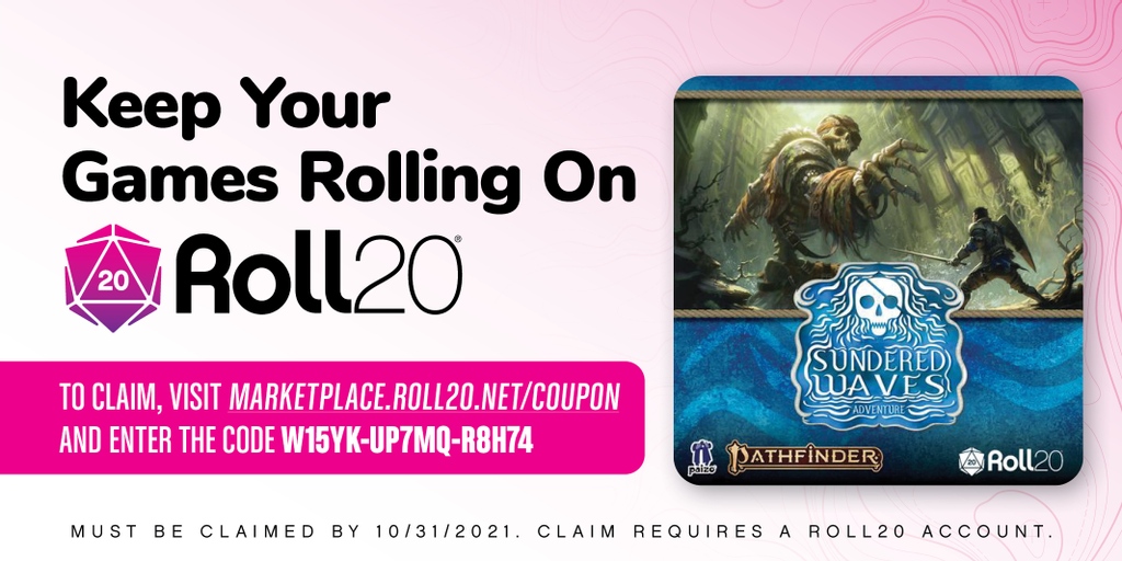 roll20app's tweet photo. Avast! We've spied a FREE adventure from our friends @paizo off the port bow! 

Enjoy this Pathfinder One-Shot, complete with 5 pre-gen'd characters and everything else you need to play! 

Enter this code at the address below to get it: 
W15YK-UP7MQ-R8H74

https://t.co/Q2MIb2ryD6 https://t.co/uouxrRmzRC