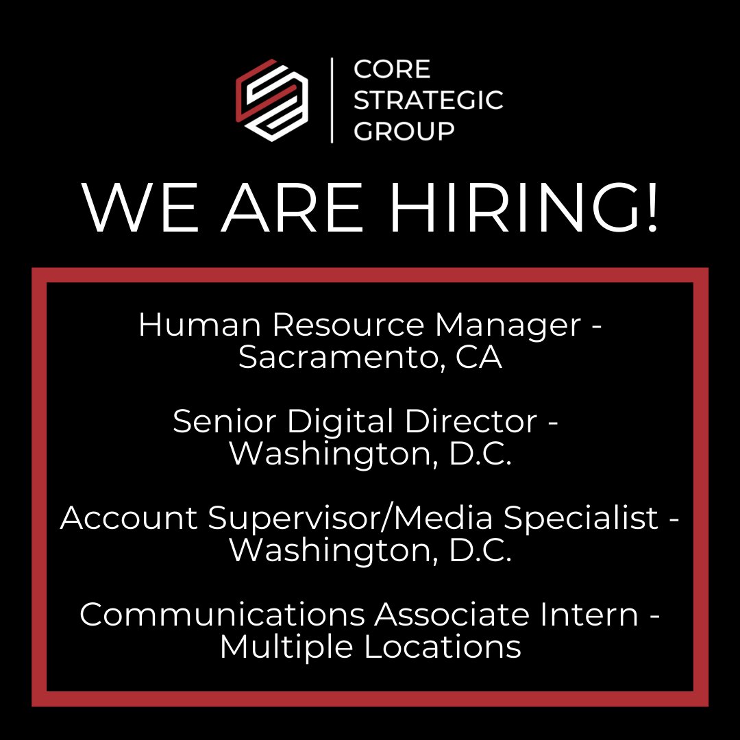 CoreStratGroup's tweet photo. We are #hiring! We have multiple positions available in our Sacramento, Washington, D.C. and Anaheim offices. For more information, visit https://t.co/yDUyhKM92v
 #mediajobs #publicrelationsjobs #internshipopportunities https://t.co/mXZFgTd7PP