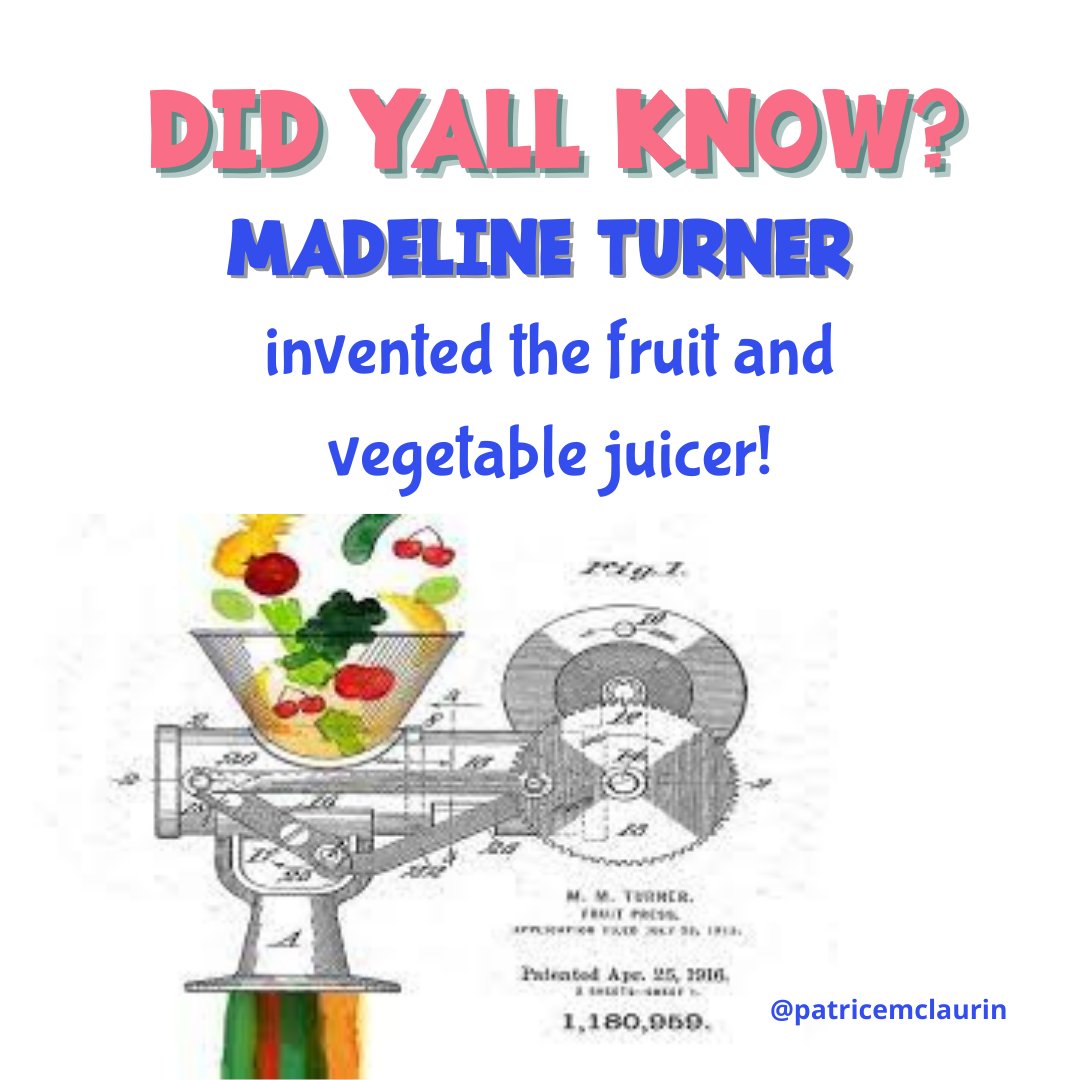 mclaurinwrites's tweet photo. Did yall know that a #blackinventor named Madeline Turner #invented the #juicer? Mind Blown! There's #nolimit to the #genius of #blackinvention. Next time you're drinking #freshpressedjuice, remember #blacksdidthat! Like and retweet if you learned something new!
#blackhistory https://t.co/49T6e0QtRj