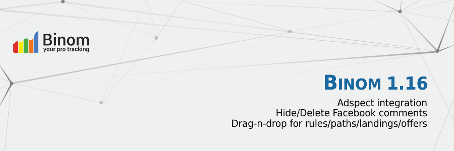 BinomTracker's tweet photo. We are back with a new version of our tracker.
Welcome Binom 1.16!

Some new features:
- Adspect integration
- Hide/Delete Facebook comments
- Drag-n-drop for rules/paths/landings/offers

The full list of new features can be viewed here: https://t.co/gyVRXUdWMP https://t.co/5fxrmuiNUk
