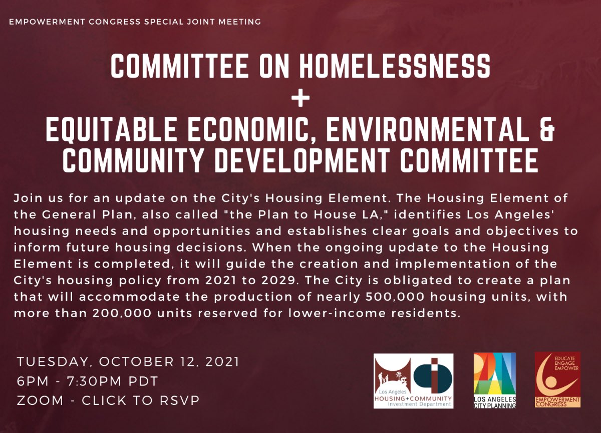 TONIGHT @ 6PM 🚨 join @EmpowerCongress for a special meeting on @LACity's #HousingElement - a plan that will guide the creation & implementation of the City’s housing policy from 2021-29. Representatives from @Planning4LA will provide the latest updates. bit.ly/3Bqiy2N