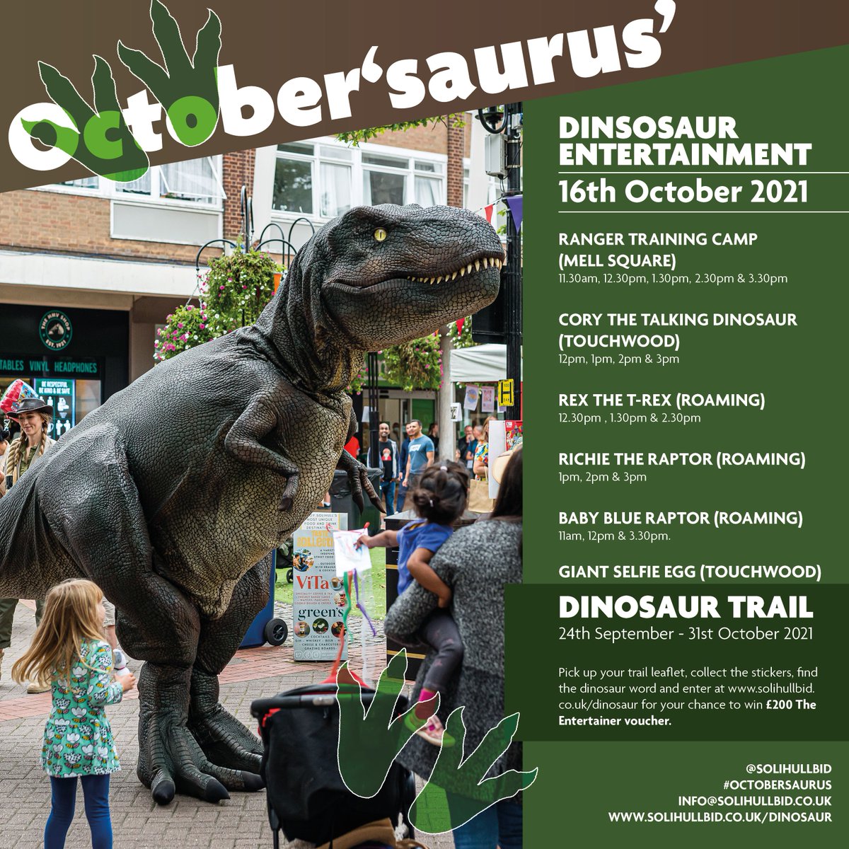 SolihullBID's tweet photo. Have you seen the dinosaurs in Solihull the last few Saturdays? There are back again this Saturday! 🦖 See where and when they can be found in the image. #dinosaur #octobersaurus #insolihull #solihull #solihullhour @solihullhour @TouchwoodTweets @MellSquare_UK @visit_solihull https://t.co/tlTEYGqn4B