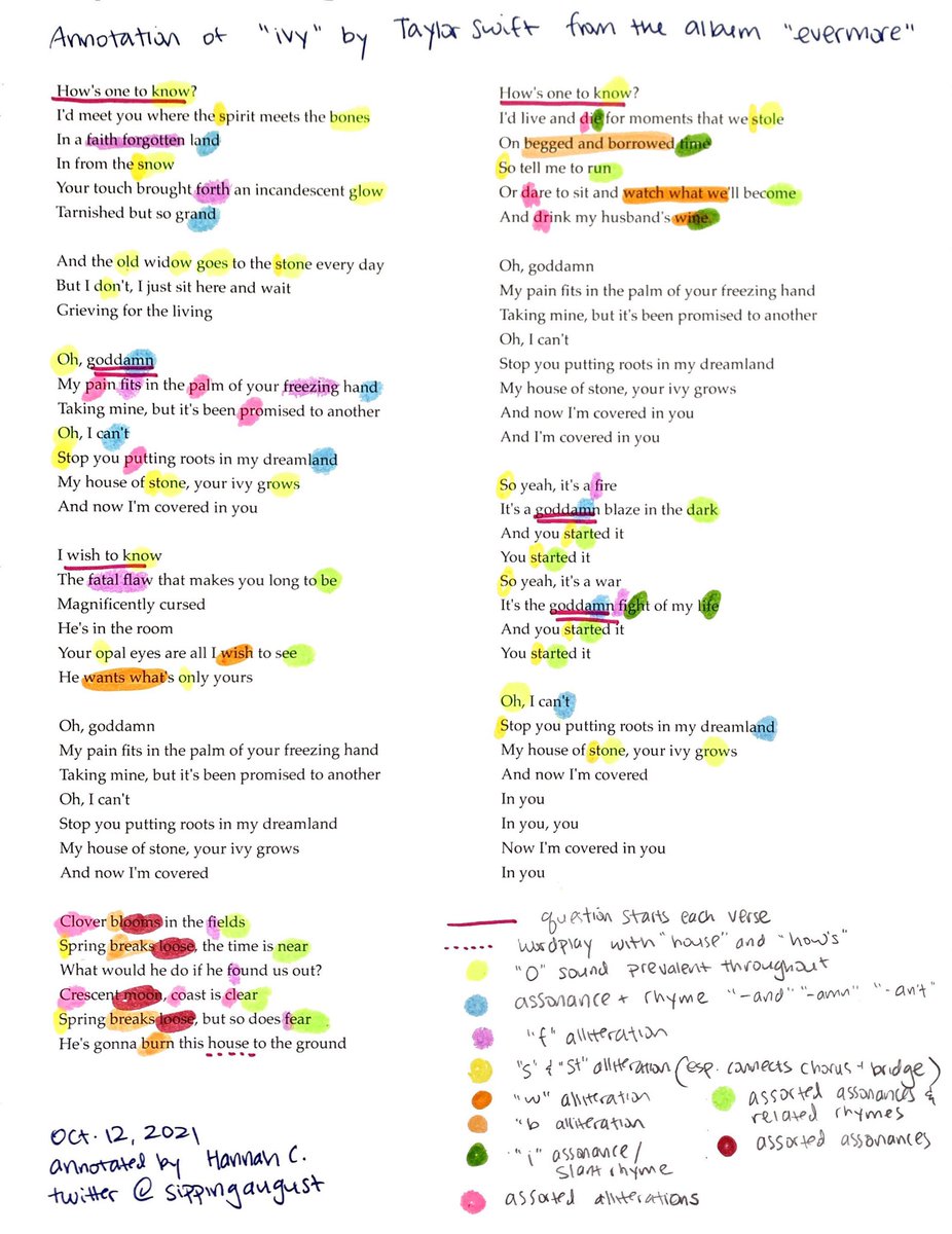 sippingaugust's tweet image. a breakdown of the alliteration, assonances, and rhymes of “Ivy” by Taylor Swift