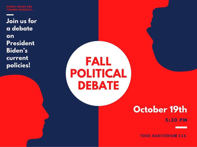 Join us October 19th at 5:30pm for a debate on <a href="/POTUS/">President Donald J. Trump</a>'s agenda! Topics covered will be infrastructure, COVID mitigation efforts, and affordable college/universal pre-K. #GoCougs