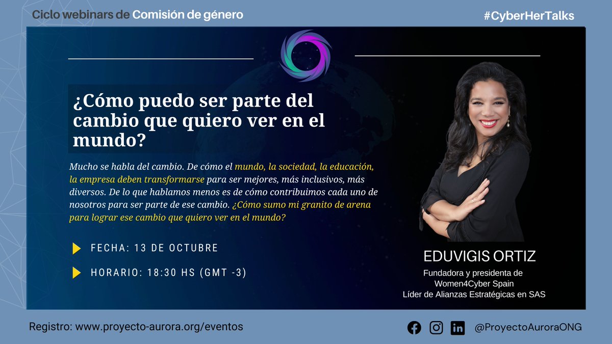 P_AuroraONG's tweet image. 🔊¡No te pierdas este #Miércoles de #CyberHerTalks!

📌"¿Cómo puedo ser parte del cambio que quiero ver en el mundo?"
Por @EduvigisOrtiz, Strategic Alliances Leader en @SASEspana, Founder &amp;amp; President de @Women4Cyber_SP.

Inscribite en:
proyecto-aurora.org/cyberhertalks

¡Te esperamos!
