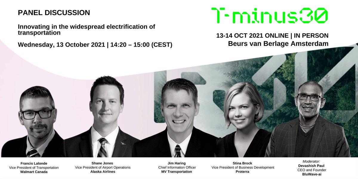 5 mins 'til CEO+Founder,Devashish Paul,of our amazing sponsors <a href="/BluWaveai/">BluWave-ai</a> will moderate this panel on widespread electrification of transportation on Track 1.Join Francis Lalonde(<a href="/WalmartCanada/">Walmart Canada</a>),Shane Jones(
<a href="/AlaskaAir/">Alaska Airlines</a>),Jim Haring(@realMVTransit)+<a href="/stinabrock/">Stina Brock</a>
 (@Proterra_Inc) NOW!
