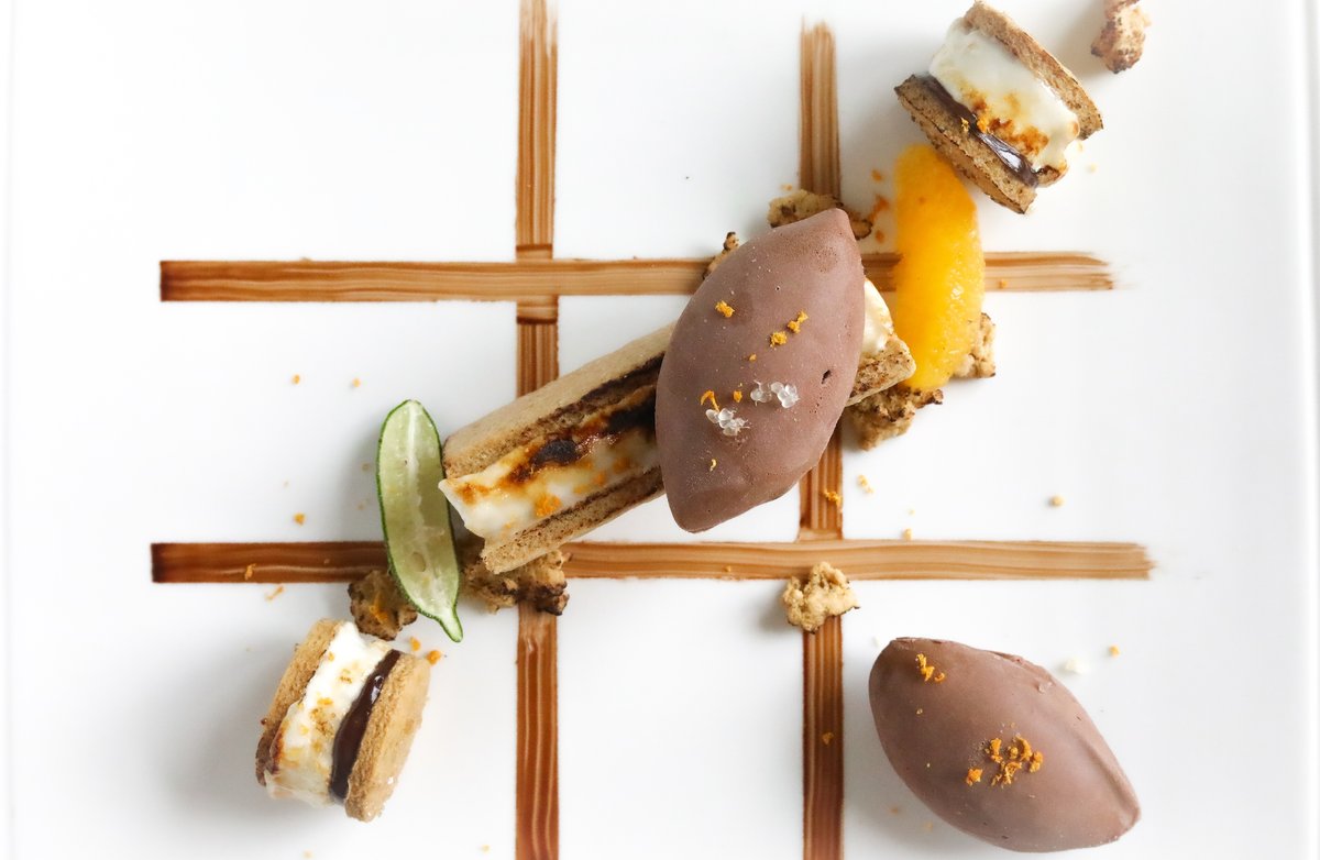 Play S’more with me! @villadolcegelato Chocolate all’Arancia Gelato stars in this playful combination along with yuzu marshmallow, ginger scented biscuits and dark chocolate ganache…An intriguing twist on a classic campfire treat! By Chef Meegan Roberts.