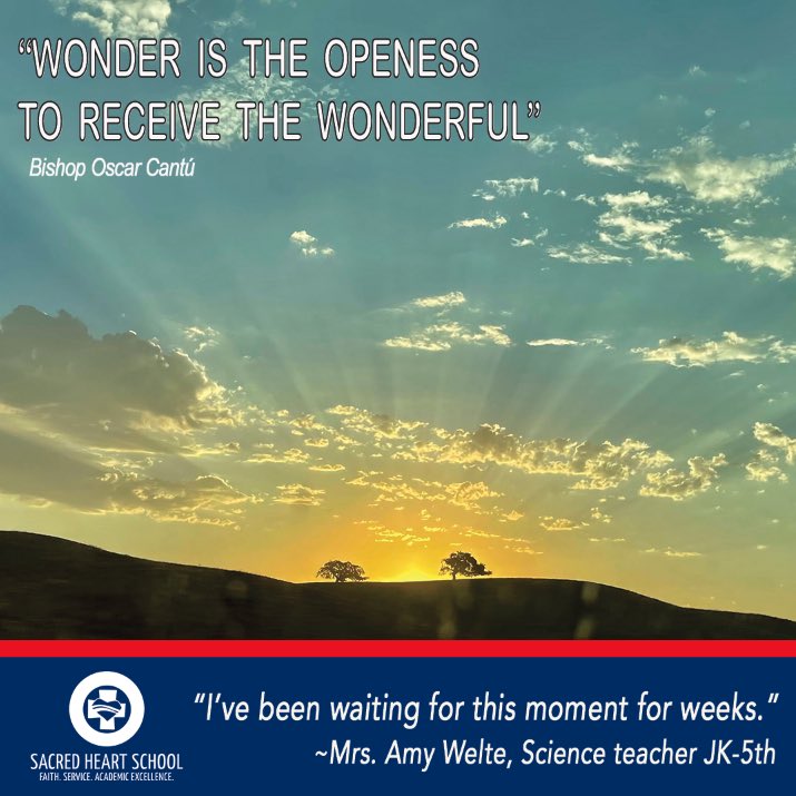 SHSSaratoga's tweet photo. โI'm inspired by the wisdom of the words of our Bishop Oscar Cantu that "wonder is the openness to receive the wonderful." Every morning during my morning commute to school, I'm inspired by the glory of God's work.โ Mrs. Amy Welte
#SHSSaratoga
#SHSScience
#SHweloveourteachers https://t.co/ry9CfmEcBH