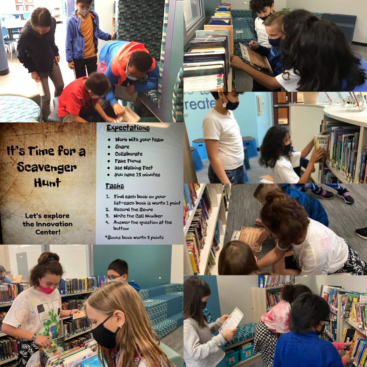 WildcatReader93's tweet image. Fifth grade students in @mrskarcz5 class worked in teams to begin an Innovation Center Scavenger Hunt. Students identified the genre of books and found them on our shelves. Each book was centered around explorers or exploration for #explorersweek! @CCSD93 #WTandMe @JRyboICin93