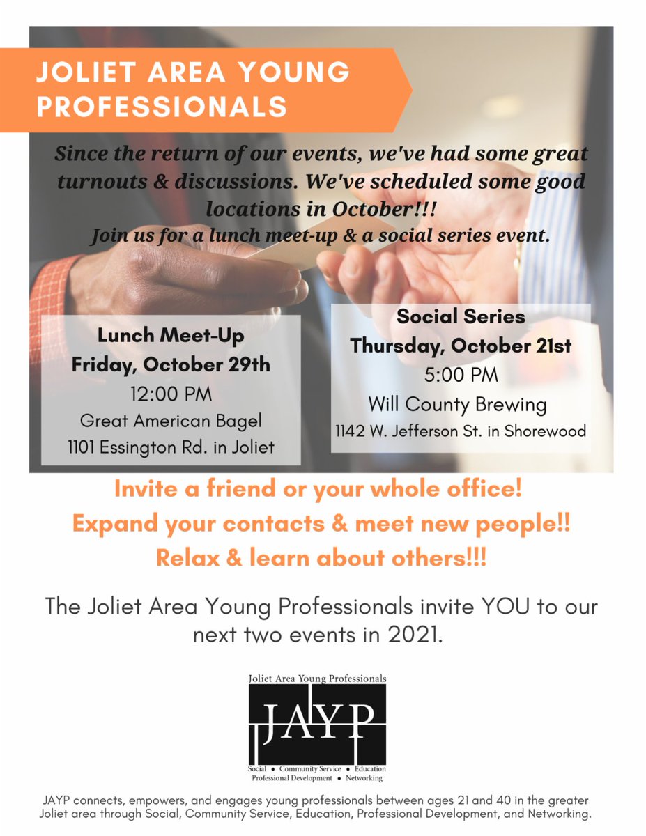 Young Professionals plan October lunch and social meet ups. Open your calendar and plan to join them at least once this month. 
conta.cc/2YsgAk2