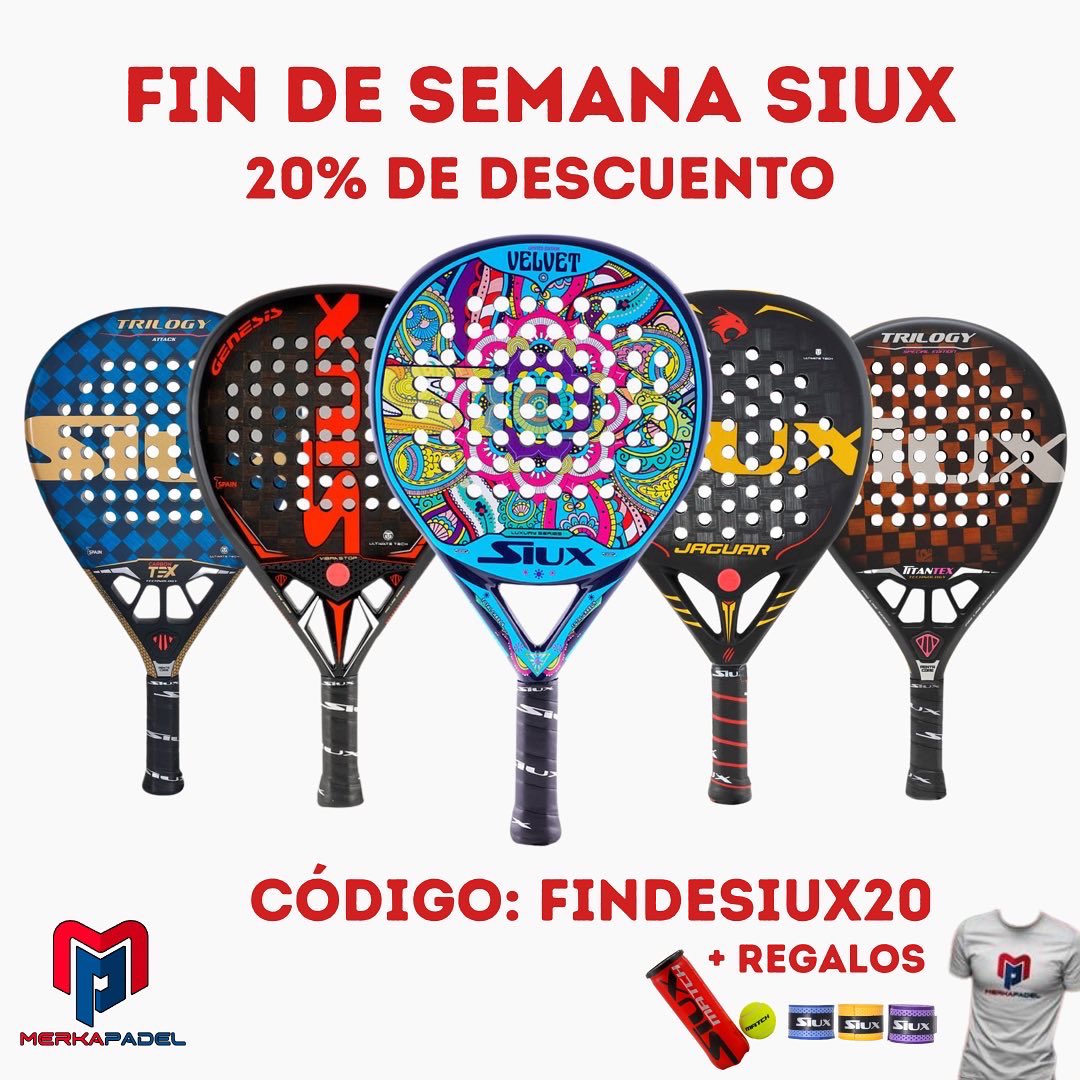 MerkaPadel's tweet photo. FIN DE SEMANA SIUX, con un descuento del 20% en nuestras palas SIUX, además, incluye 🎁: bote de bolas SIUX 🎾 + overgrip + camiseta Merkapadel ❤️💙.

Promocion activa desde el viernes a las 15:00 hasta el domingo a las 23:59, introduciendo el código “FINDESIUX20”.#padel https://t.co/JCwc72Jy2N