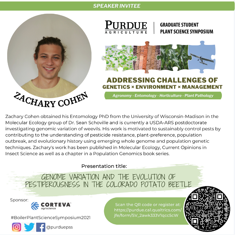 purduepss's tweet photo. Meet one of our speakers at the #BoilerPlantScienceSymposium2021, the USDA-ARS postdoctorate in the entomology area, Zachary Cohen.

Learn how we can improve pest management techniques through the study of environmental conditions and the use of population genetics. https://t.co/UbJ1eUqnDz