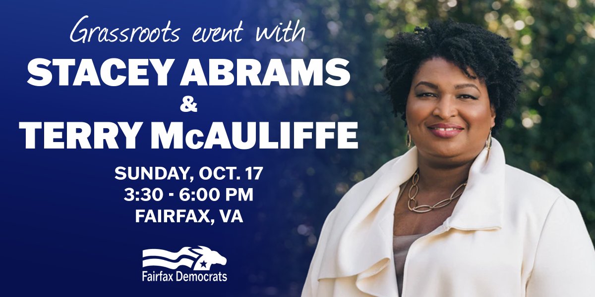 FairfaxDems's tweet photo. THIS IS NOT A DRILL! @staceyabrams is coming to Fairfax County for a rally with @TerryMcAuliffe this Sunday at 3:30pm!

Register ➡️ https://t.co/5B4IdtLR19 https://t.co/lUTUKP1lw5