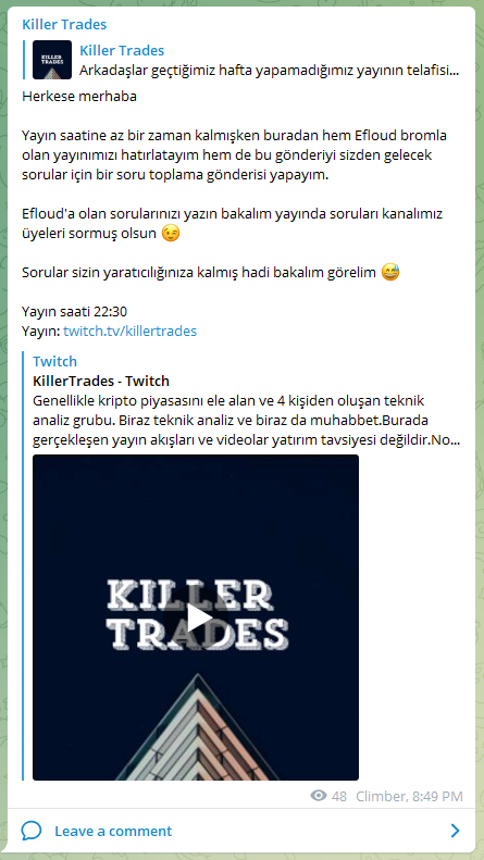 Bugün 22:30'da Twitch konuğumuz <a href="/efloud/"></a> 

Efloud'a olan her türlü(!) sorunuz için kanalımızda bir gönderi oluşturduk soruları oradan seçeceğiz. 

Efe'ye olan sorular için gönderi kanalda

Kanal linki 👇

t.me/killertrades