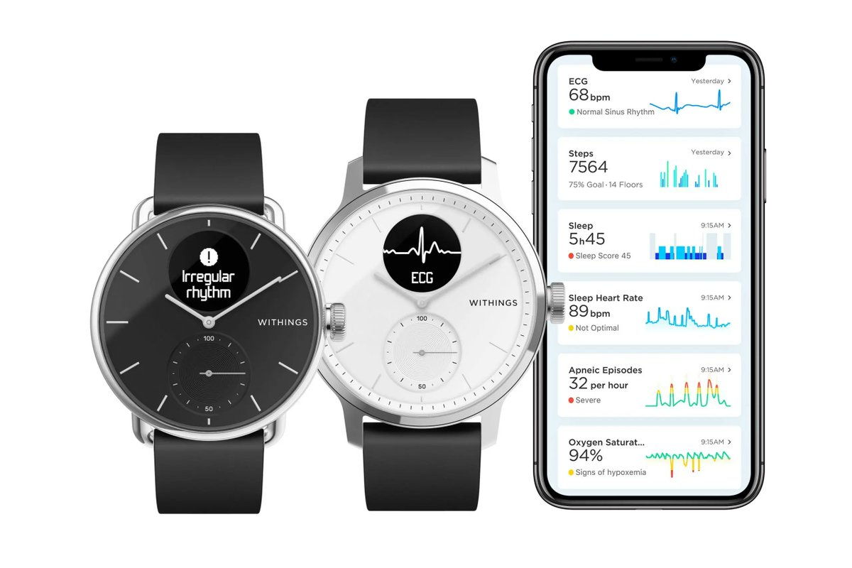 JoeVennare's tweet image. Witherings received FDA approval for its ScanWatch —beating Apple and others to the punch.

The device tracks: 

• abnormal heart rhythm
• respiratory disorders
• blood oxygen levels
• sleep, physical activity, and more 

Health monitoring is the new activity tracking.