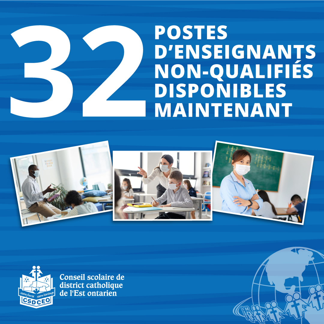 * 32 POSTES D'ENSEIGNANTS NON-QUALIFIÉS DISPONIBLES *

Le CSDCEO est à la recherche d'enseignants suppléants non qualifiés à 100% du temps pour l'année scolaire 2021-2022.
Joignez-vous à nous!

Pour plus d'information :  bit.ly/3DxEf1F