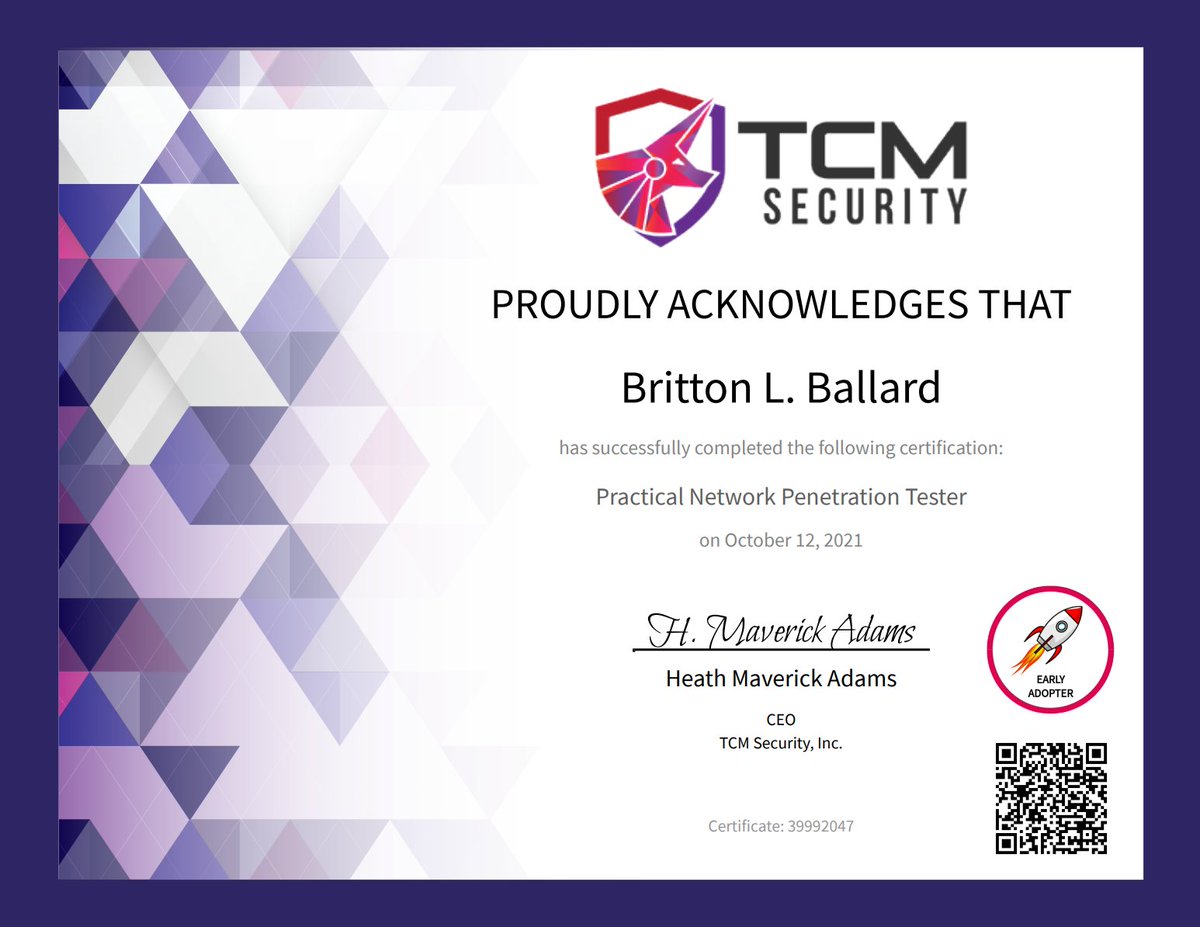 Britton Ballard 🦁 (@brittonballard) on Twitter photo Easily one of the most rewarding experiences of my life, I'm happy to announce that I am officially PNPT Certified!
Huge thank you to <a href="/thecybermentor/">Heath Maverick Adams</a> <a href="/TCMSecurity/">TCM Security</a> for putting this exam together, and to everyone else on here for your help/support along the way.
#PNPT Easily one of the most rewarding experiences of my life, I'm happy to announce that I am officially PNPT Certified!
Huge thank you to <a href="/thecybermentor/">Heath Maverick Adams</a> <a href="/TCMSecurity/">TCM Security</a> for putting this exam together, and to everyone else on here for your help/support along the way.
#PNPT