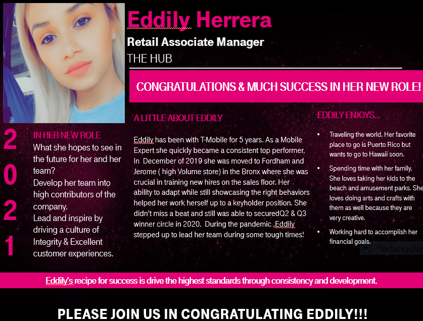 Could not be more proud of <a href="/Eddily9/">Eddily Herrera</a> and her promotion from Magenta Keyholder at Fordham and Jerome to <a href="/MetroByTMobile/">Metro by T-Mobile</a> on Third Avenue as RAM! 
Special shout out to <a href="/TFlo1018/">Tom F</a> for the partnership...we all WIN TOGETHER!!!