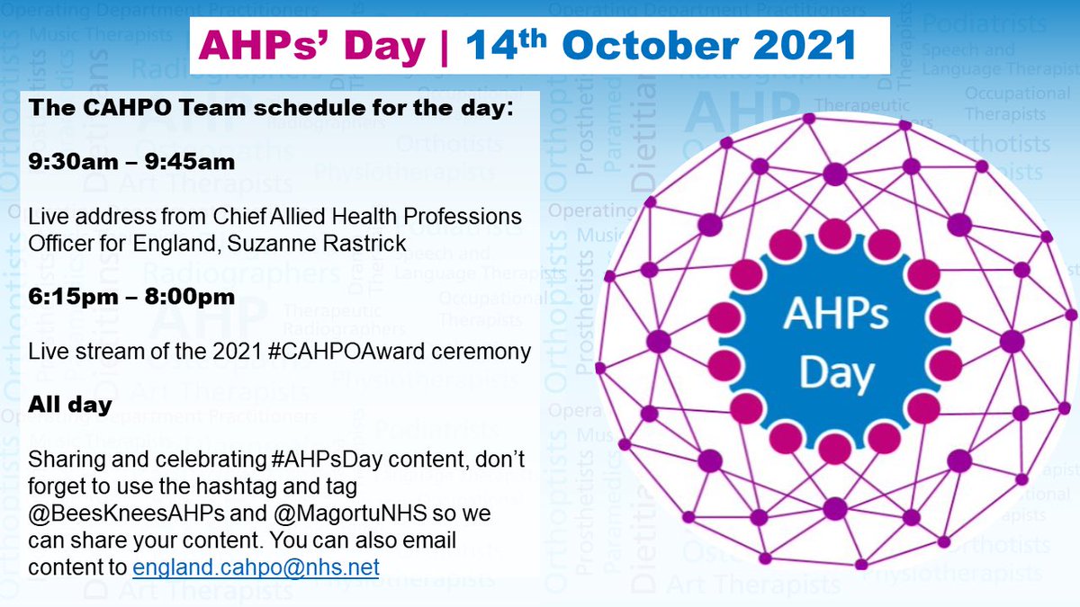 🚨On Thursday we celebrate both #AHPsDay &amp; #CAHPOAwards2021🥳

🌟We will be livestreaming the awards👉england.nhs.uk/livestreams/
Please share your content from the ceremony, so don’t forget to tag us in 😉

🌟I also hope to see you at my morning address too👉tinyurl.com/3smx6hff
