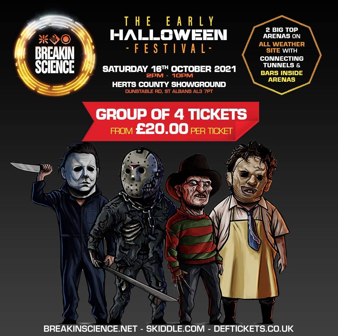 breakinscience's tweet photo. THIS SAT • FINAL TIX https://t.co/h18O5rn57G • #BreakinScience Early #Halloween #Festival Sat 16 Oct • 2-10pm #Herts County Showground • 30mins from #London on M1 @LoganD1983 @Eksman_mc @TheRealSkibz @SLiPZ86 @BassLayerz @TarantulaSpyda @MrAzzaDnB @Grima_MC @NuElementz https://t.co/YJHc3c88mn