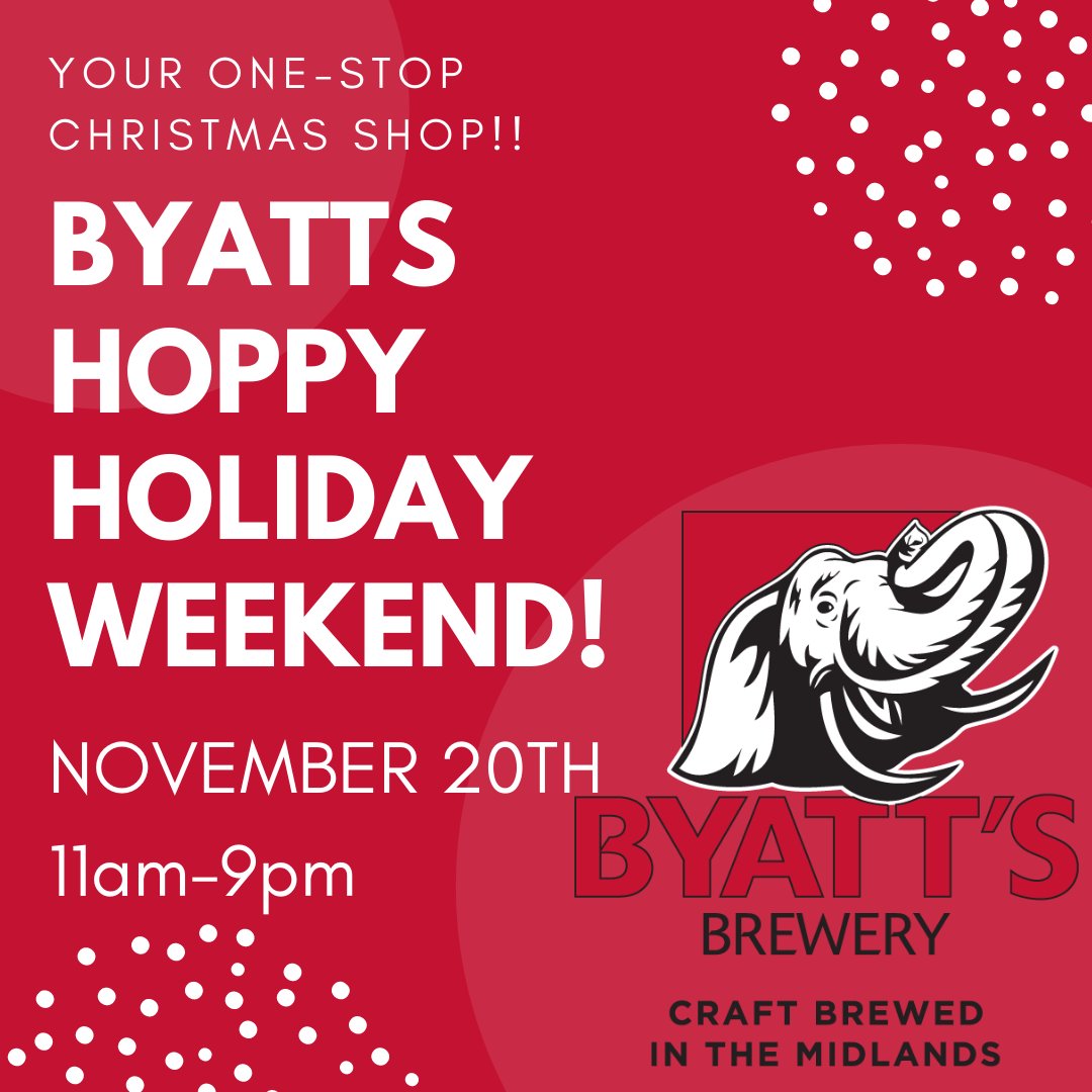 EXCITING news! We are very pleased to announce our 'Byatts Hoppy Holiday Weekend' On 20th November we'll be hosting local providers including <a href="/warwickshiregin/">warwickshiregincompany</a> AND @CaneysCider PLUS 10% off Byatts Gift packs! Do all your Xmas shopping &amp; reward yourself with a beer!