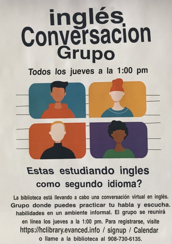 JeanDomurat's tweet photo. Great resources at Hunterdon County Library.  An informal virtual English Conversation Group meets on Thursdays.  #ELL #ESL #communityresources https://t.co/HYC373tXNA