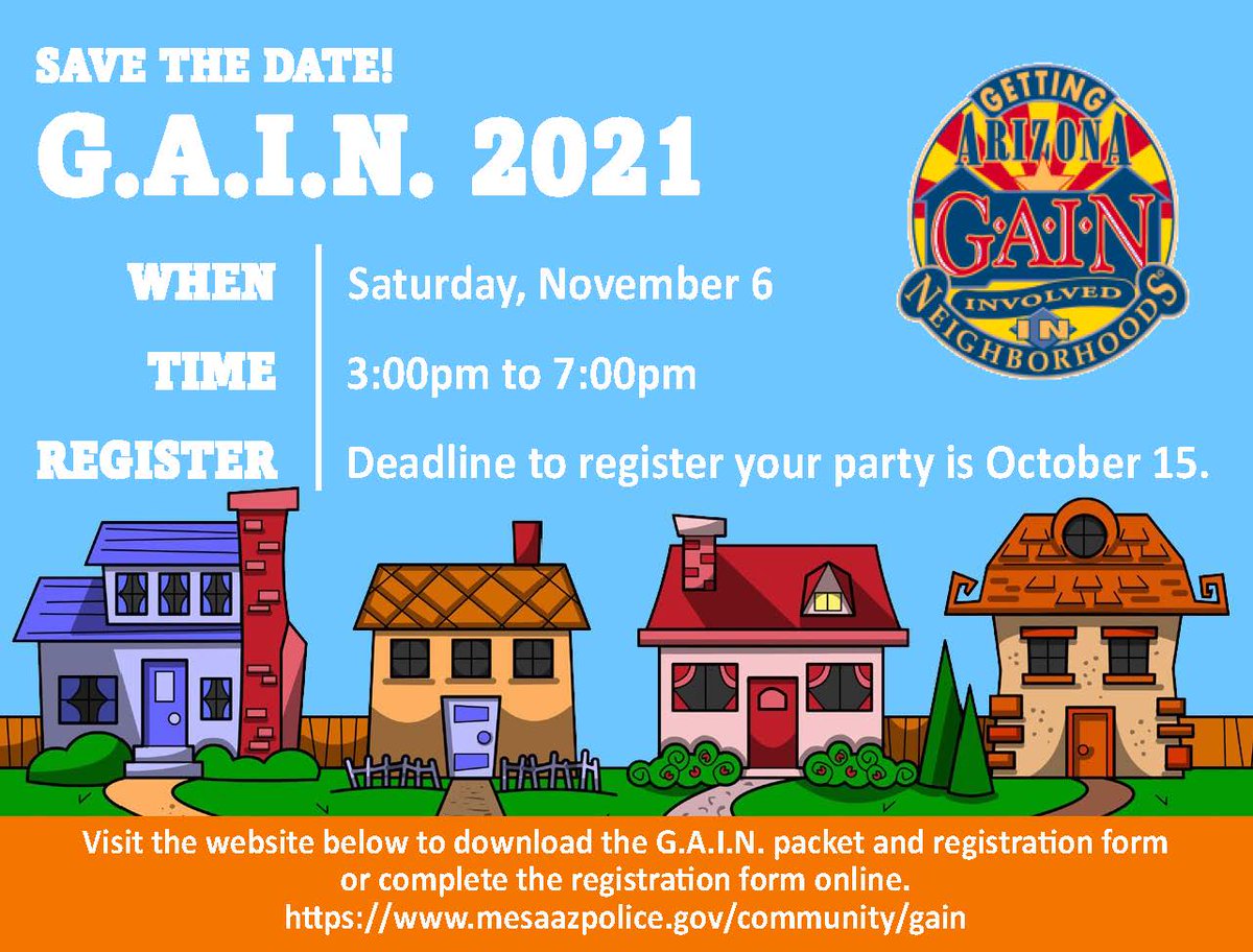 #MesaAZ is bringing back G.A.I.N. a statewide annual event designed to encourage Neighborhood Watch programs and bring together communities to fight against criminal activity, Saturday, November 6. Register at my.mesaaz.gov/3aqtv8Q