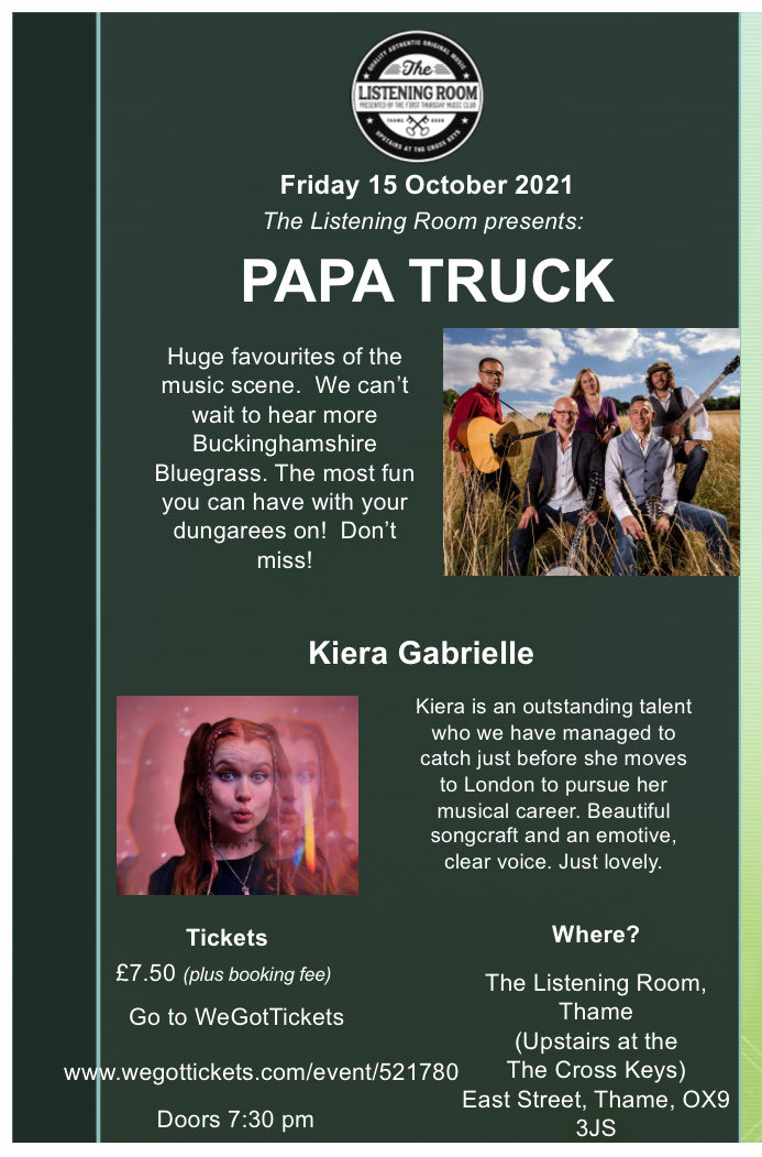 Catch us in #Thame on Friday 15th October at The Listening Room. Looking forward to entertaining you there. If you’ve not been before it is a great space, come and take a peek!